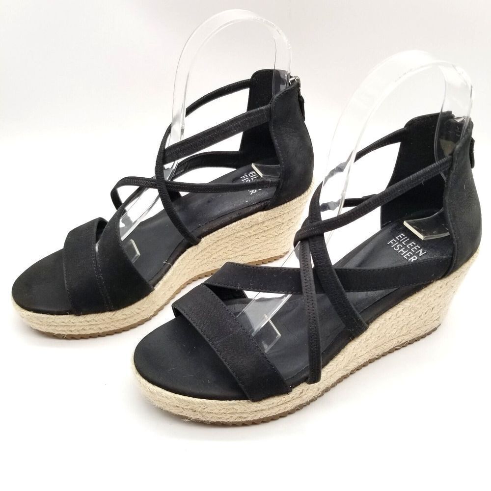 Eileen Fisher Women‎ Wanda Wedge Sandals Size 5 Black Leather Strappy Zip Back